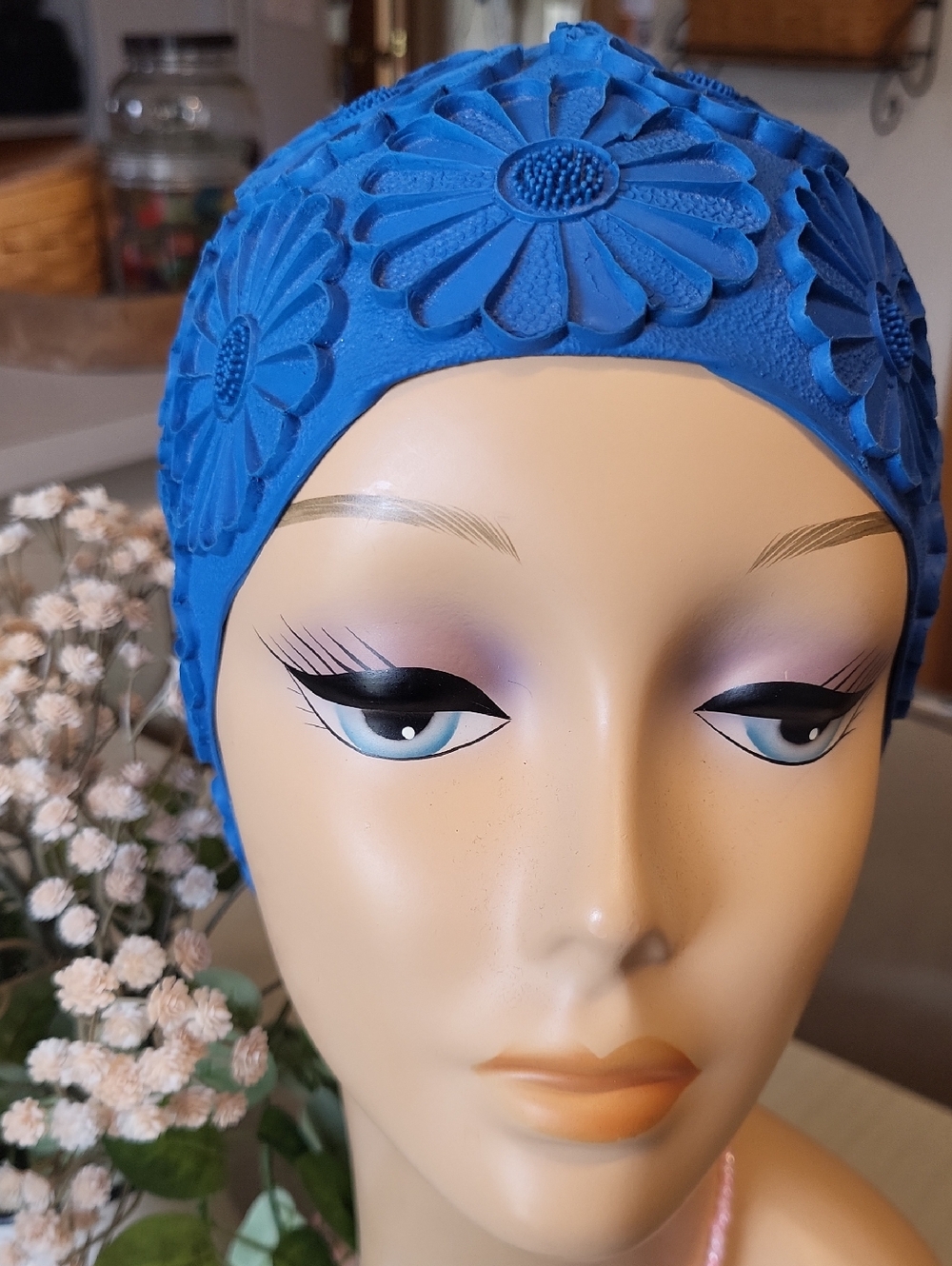 Vintage 1950's Kleinert's Blue Embossed Floral Swim Cap